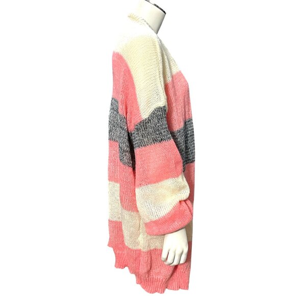 Striped Colorblock 5XL Pink Cream Gray Cardigan Sweater Striped Open Tight Knit - Picture 5 of 10